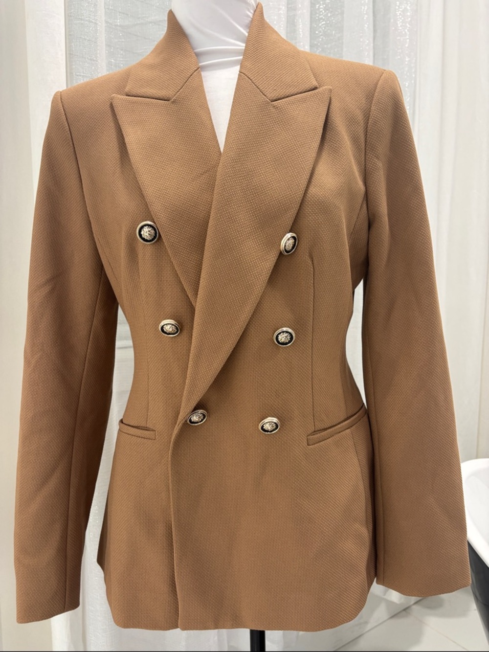 Zara Double-Breasted Camel Blazer with Gold-Tone Buttons